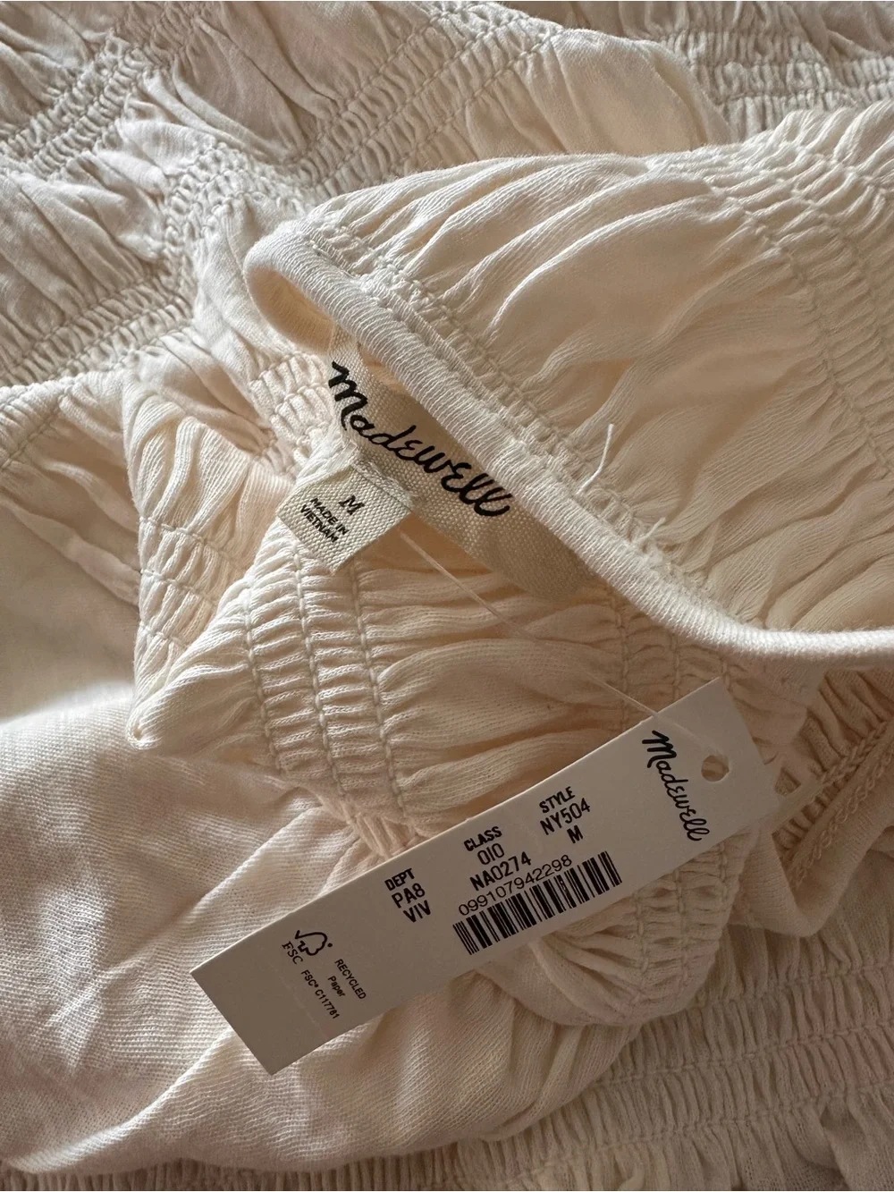 Madewell Ivory Smocked Boatneck Long-Sleeve Top